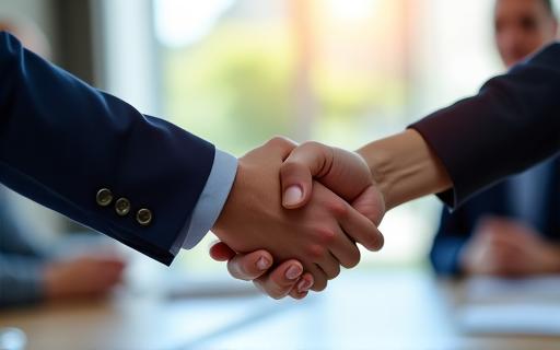 A successful handshake concluding a meeting.